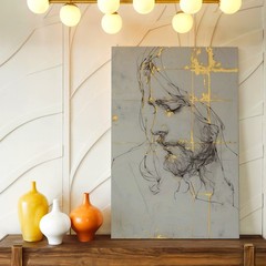 Wall Art Abstract Female Portrait Sketch Gold Foil Lines Modern Canvas Print