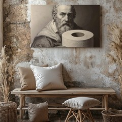 Wall Art Canvas a Black and White Sketch of Leonardo Da Vinci Holding a Roll