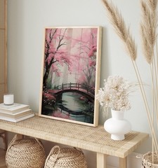 Sakura Tree Art Poster – Japanese Bridge – Pink Cherry Blossom Wall Art Decor