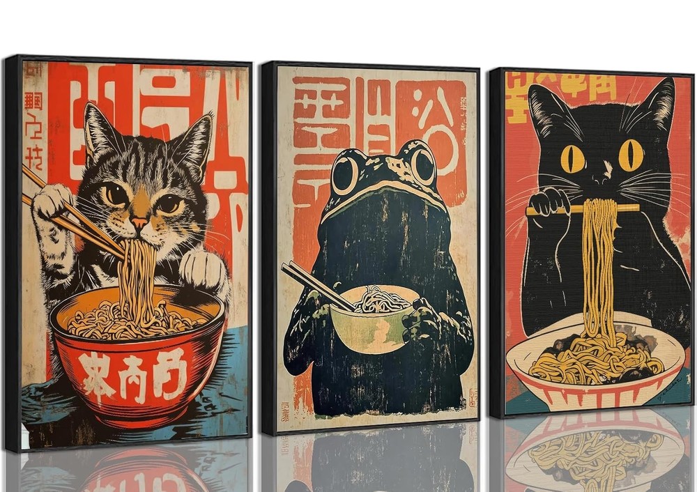 Japanese Black Cat Eating Ramen Canvas Wall Art Funny Cat Art Decor