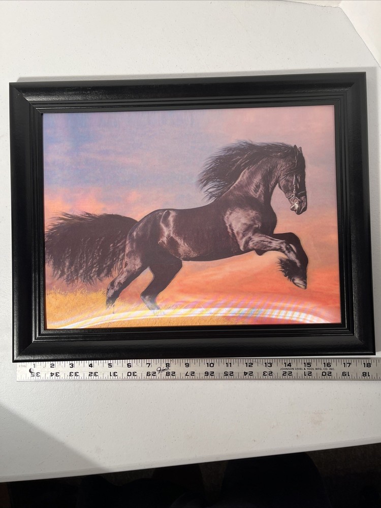 Black Horse Galloping At Sunset Black Framed 3D Image