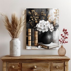 16×20 Black White and Gold Books and Flowers Wall Art Canvas Print