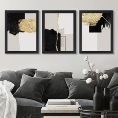 Set of 3 Abstract Canvas Wall Art Black and Gold Geometric Color Blocks Paint…