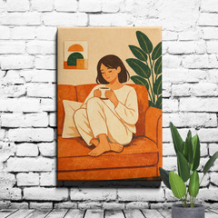 Woman relaxing on sofa Canvas Print, modern lounge interior flat illustration