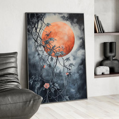 Lunar Eclipse Floral Canvas Art, Dark Academia Botanical Gothic Print