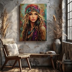 Bohemian Woman Portrait Canvas Wall Art Colorful Scarf Dreamy Eyes Wall Home