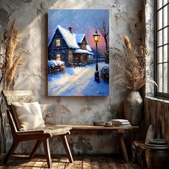 Wall Art Snowy Cottage Winter Landscape Rustic Modern Aesthetic Gallery Print