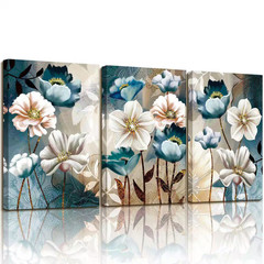 3 Piece Unframed Lotus Flower Canvas Wall Art, 12 in X 16 in Blue Floral Picture