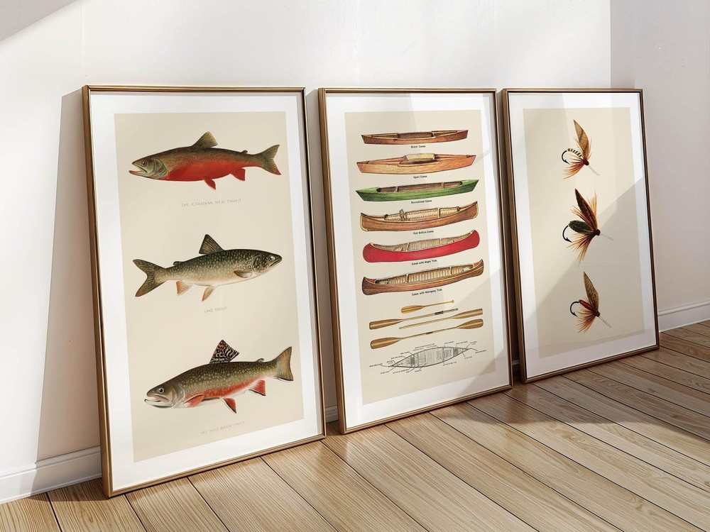 Retro Fishing Art Prints, Lake House Wall Decor Set of 3, Cabin Artwork