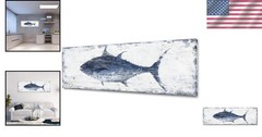 Large Blue White Abstract Tuna Fish Wall Art 36×12″ Framed Coastal Bedroom Decor