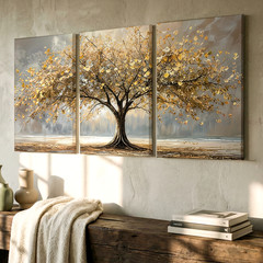 3 Pieces Golden Tree Autumn Landscape Large Wall Art Set for Living Set Of 3