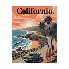 Ford Mustang Fastback Poster – California Sunset Wall Art Print, Garage Decor