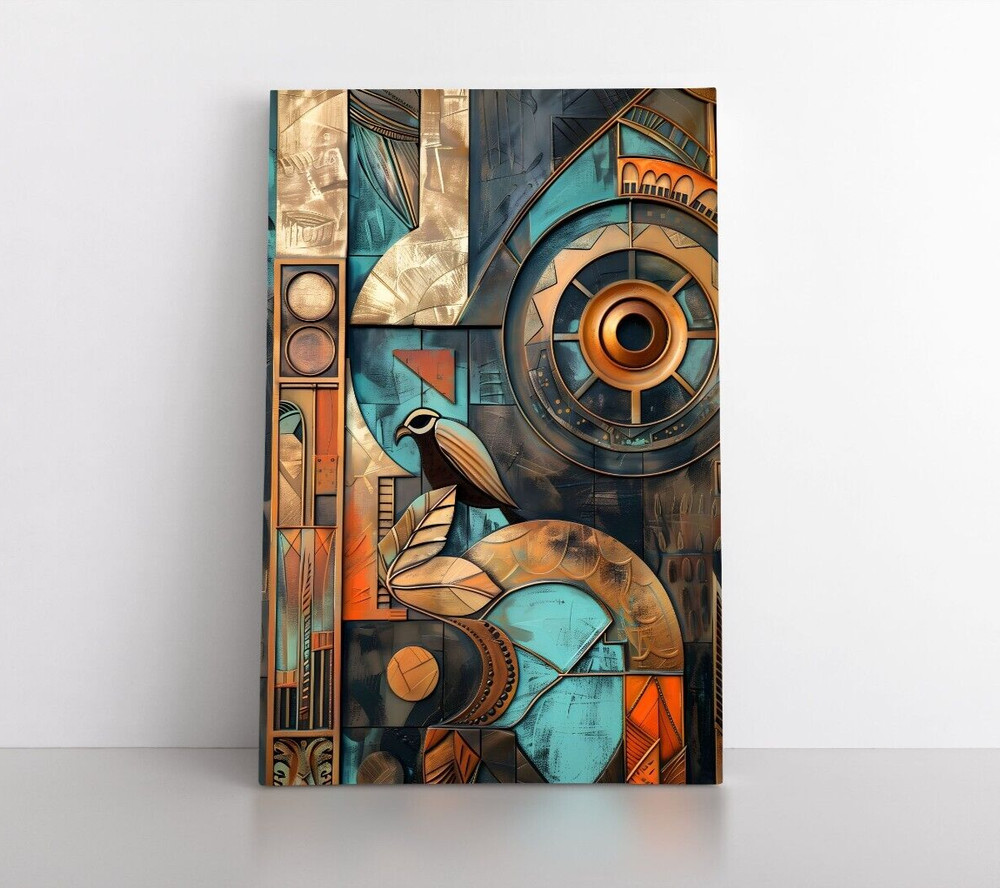 Abstract Art Deco Style Wall Art Print on Canvas Modern Gold Teal Copper Artwork