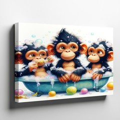 Cute Baby Monkeys Bathing with Bubbles Colorful Canvas Wall Art Nursery Decor