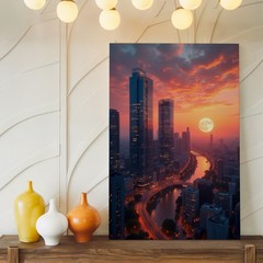 Cityscape Canvas Wall Art Sunset With Full Moon Modern Urban Night Skyline Print