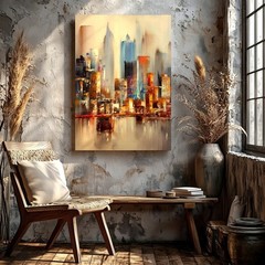 Wall Art Abstract City Street Canvas Print Rainy Urban Skyline Car Lights Decor