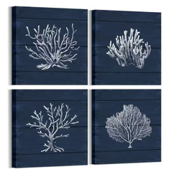 4-Piece 12 X 12 In. Framed Coral and Navy Blue Coastal Canvas Wall Art for Beach