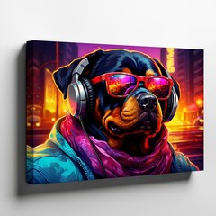 Cool Rottweiler Dog Wearing Sunglasses Headphones Urban Canvas Wall Art Print
