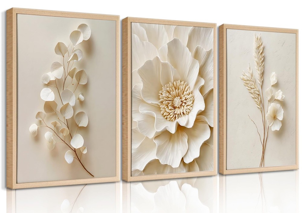 3 Pcs Neutral Beige Botanical Wall art White Florals Wall Decor Cream Neutral…