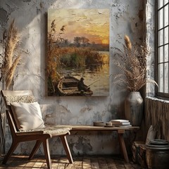 Rustic Fishing Boat Sunset Canvas Wall Art River Landscape Scene Print Art Print