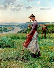 WOMAN WORKING THE LAND WITH WOODEN RAKE PAINTING BY DANIEL RIDGWAY KNIGHT REPRO