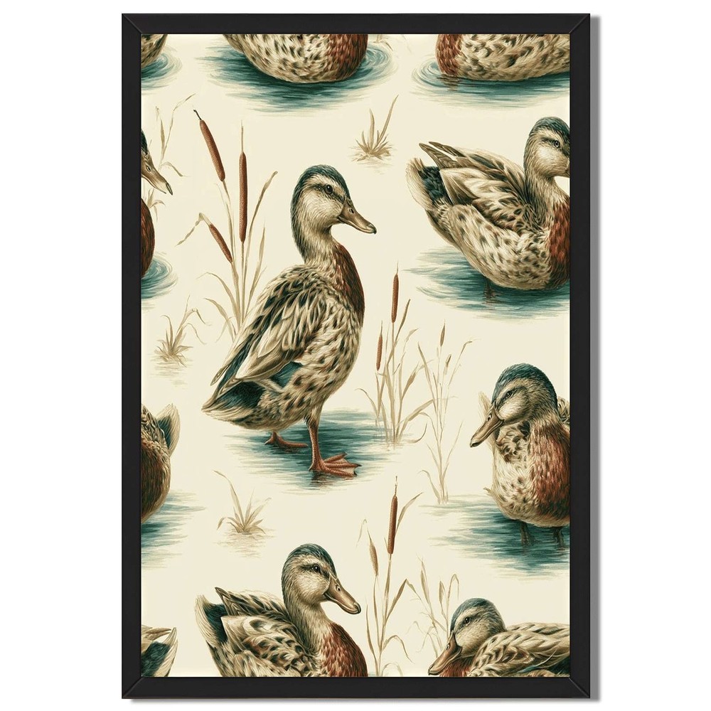 Vintage Duck Pond Framed Canvas Print Wall Art Painting Home Decor