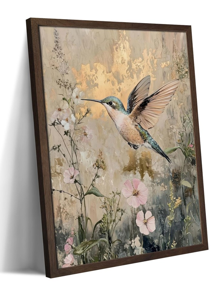 Vintage Floral Framed Wall Art, Hummingbird Gold Foil Style Canvas Prints for…