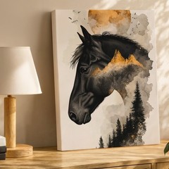 Black Horse Canvas Wall Art With Mountain And Forest Landscape Abstract Print