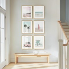 Framed Pink and Mint Green Coastal Wall Art for Living Room, 6 Piece Palm Tre…