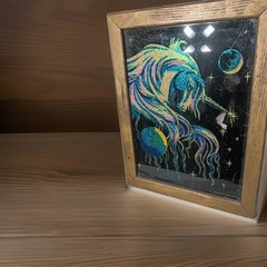 Vintage Graphic Creations Unicorn Glitter Maximalist Glass Art Original Wood B39