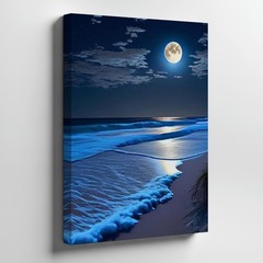 Full Moon Ocean Waves Canvas Wall Art Coastal Beach Scene Night Wall Decor Print