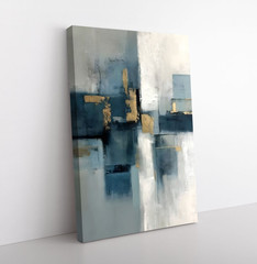Abstract Blue Grey Gold Oil Painting Print, Framed Canvas Wall Art, Modern Decor