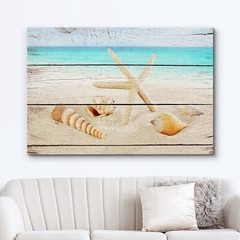 Vintage Rustic Wall Decor Starfish Seashells Wooden Canvas Wall Art – 16″x24″