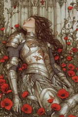 Female Knight Art Nouveau Poster Art Deco Poppies Warrior Sleeping Sleeping Beau