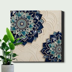 Two Lotus Relief Canvas Art Teal Navy Mandala Style Pattern