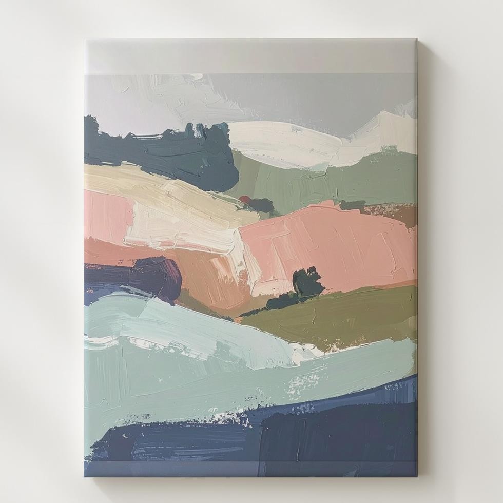Modern Abstract Landscape Canvassoft Brushstrokes In Green, Pink, And Navy Wall