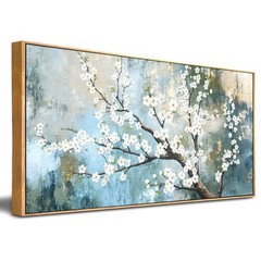 Framed Blossom Tree Wall Art – White Flowers on Canvas Painting for Home Deco…