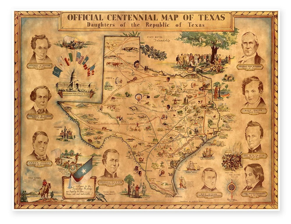 Official Centennial Map of Texas Daughters of the Republic | Vintage Wall Decor