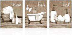 3Pcs Vintage Bathroom Wall Art Decor, Beige White Bathtub Spa Accessories Canvas