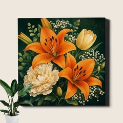 Orange lily tulip and white flowers botanical Art Print bouquet still life