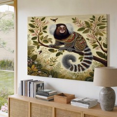 Whimsical Small Monkey on Branch with Detailed Foliage House Wall Art Print