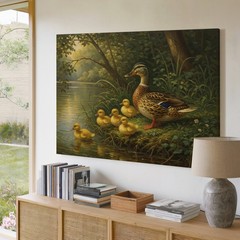 Duck with Ducklings by Pond Nature Canvas Wall Art Rustic Wildlife Decor Print
