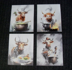 NEW Set of 4 Pc Funny COWS COOKING Cow Chef Canvas Art Prints 8″ x 10″ Kitchen