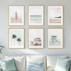 Framed Pink and Mint Green Coastal Wall Art for Living Room, 6 Piece Palm Tre…
