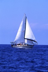 Sailboat Off Green Island Watercraft Painting Print Wall Art Home – POSTER 20×30