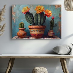 Wall Art Canvas a Folk Art Style Painting of a Cactus in a Patterned Pot