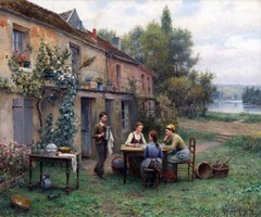 COFFEE IN THE GARDEN COUNTRYSIDE RIVER PAINTING BY DANIEL RIDGWAY KNIGHT REPRO