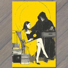 Art Print Grim Reaper Woman Vinyl Record Player Yellow Black Retro Surreal Art
