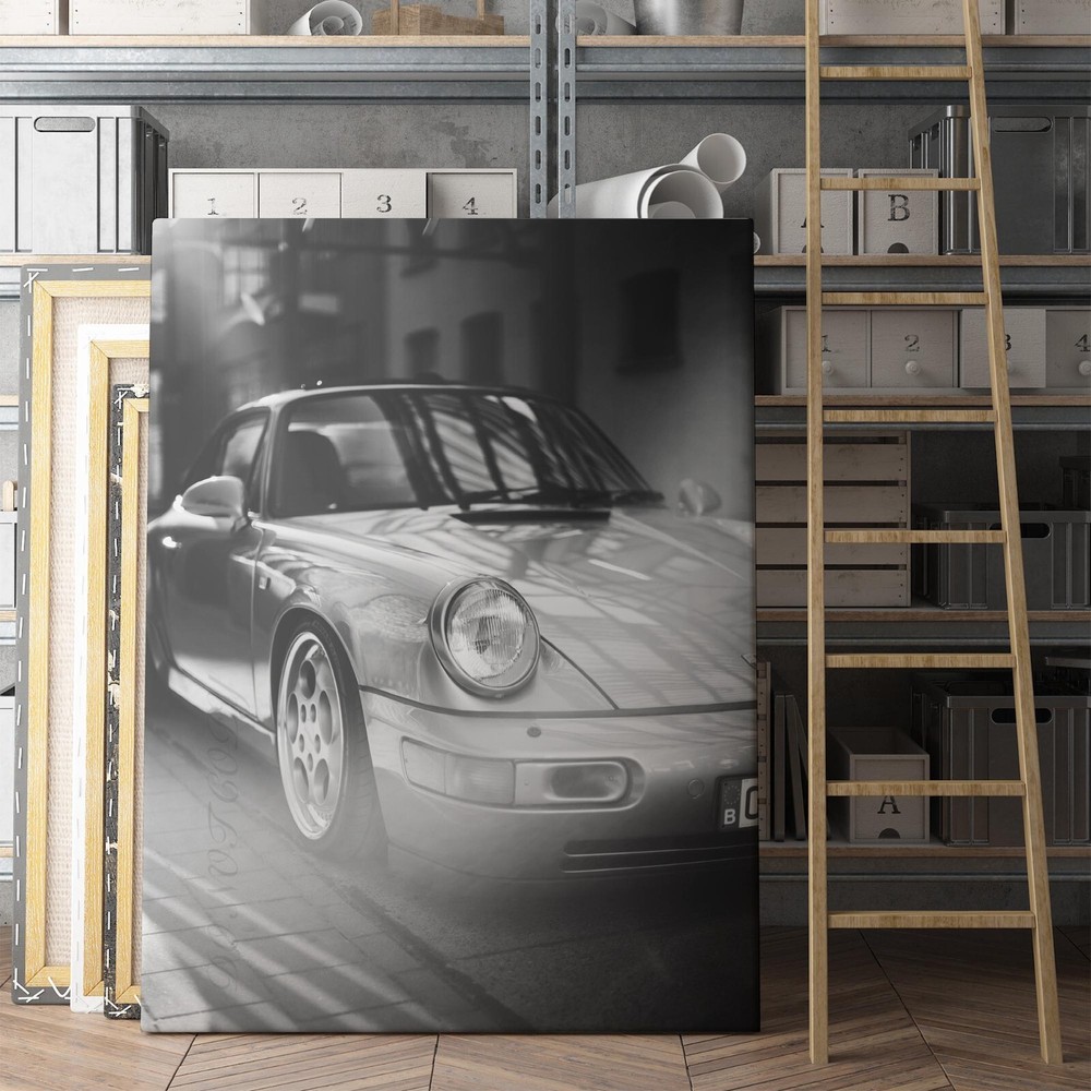 Vintage Silver Porsche Sports Cars Black and White Canvas Print Wall Art