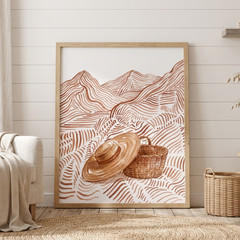 Abstract Mountain Watercolor Poster Terracotta Straw Hat Basket Wall Art Print